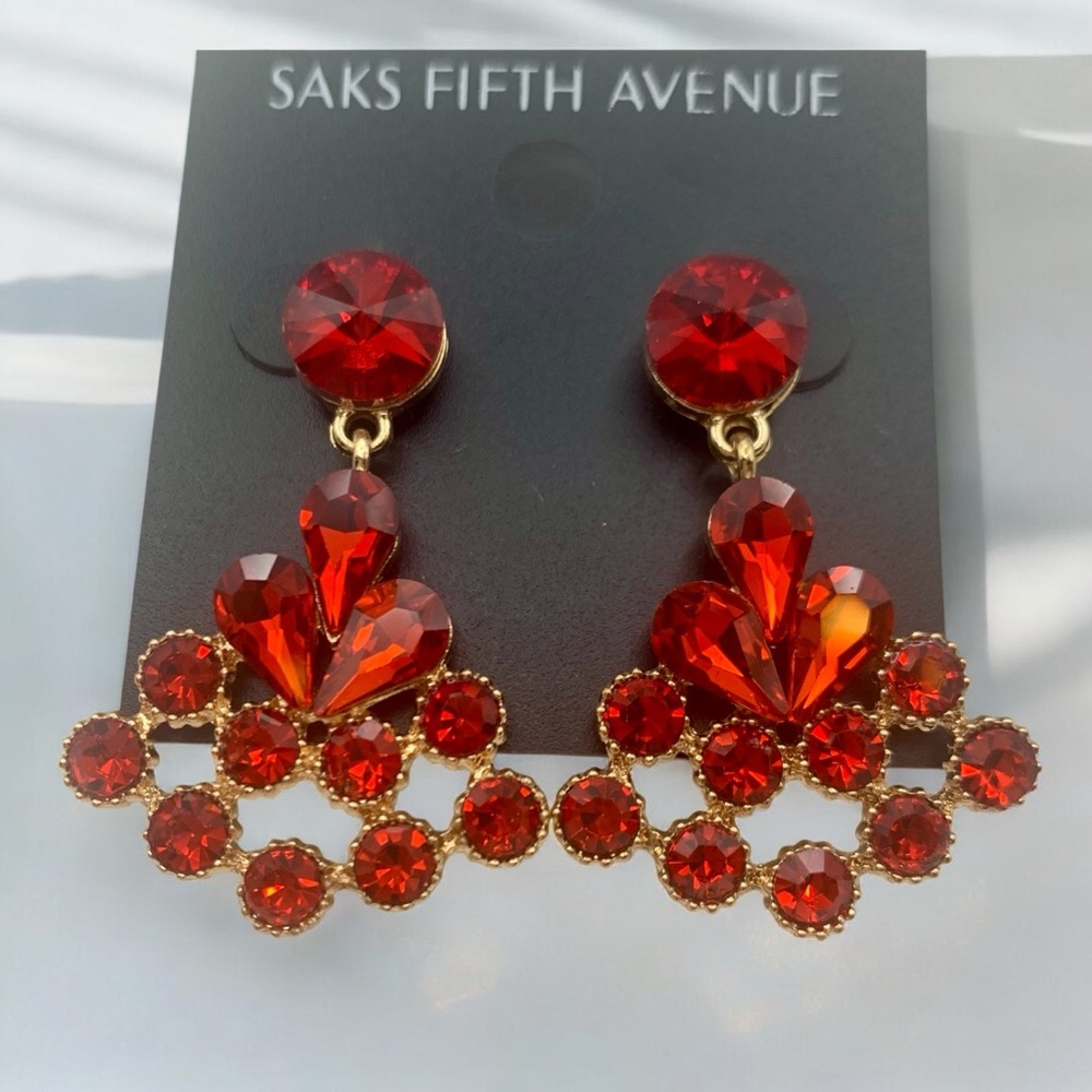 Saks Fifth Avenue Gold Plated & Red Crystal Triangle Costume Jewelry Earrings - Picture 4 of 5